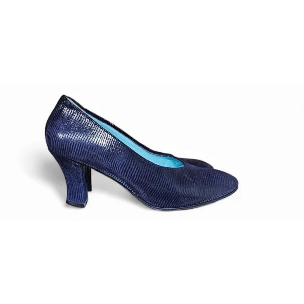 thierry rabotin navy blue ribbed leather pump 3" heel wide EU37 1/2 US7 - Picture 5 of 12